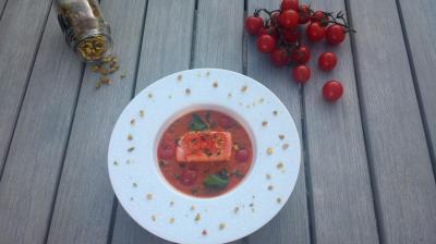 Crème de tomates cerises confites, saumon juste cuit et pistaches croquantes